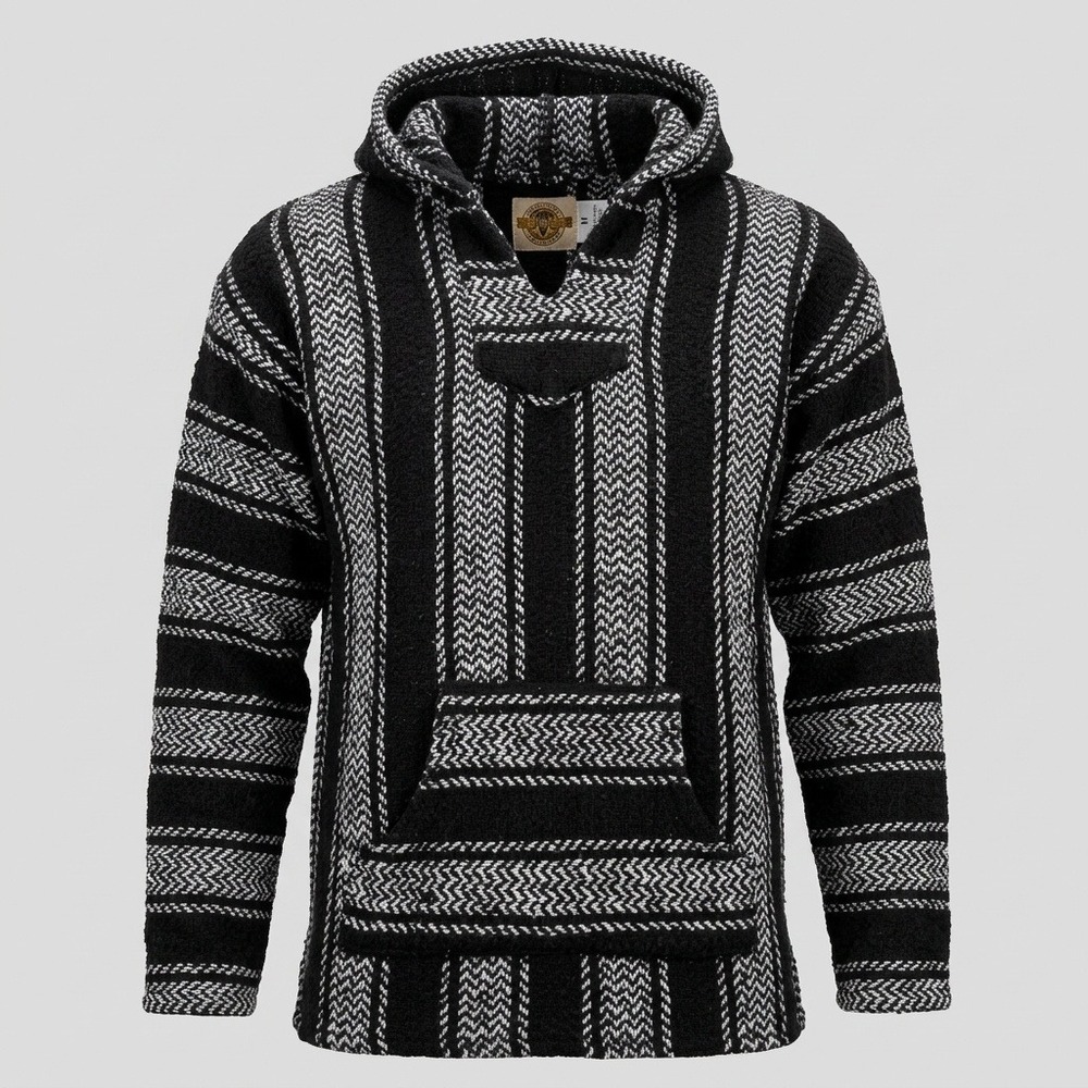 Earth Ragz Unisex Medium Black Striped Baja Hoodie Mexican Poncho Pullover
